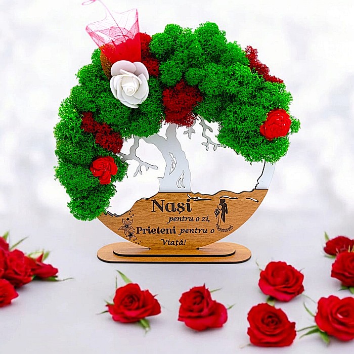 Tablou Copacul Vietii Cadou personalizat cu mesaj standard pentru Nunta/Fini/Mama/Familie/Nasi , alb, decorat cu licheni stabilizati Produs în România de Rustic Wood Decor [1]