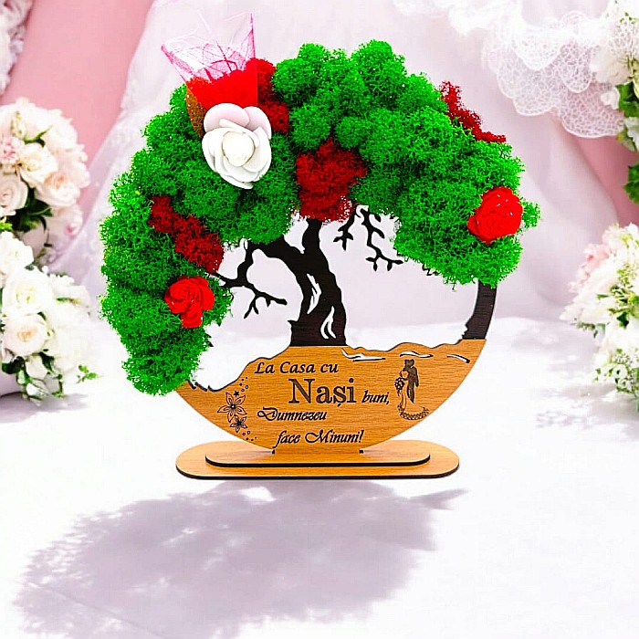 Tablou Copacul Vietii Cadou personalizat cu mesaj standard pentru Nunta/Fini/Mama/Familie/Nasi , negru, decorat cu licheni stabilizati Produs în România de Rustic Wood Decor [1]