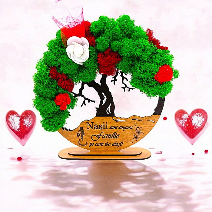 Tablou Copacul Vietii Cadou personalizat cu mesaj standard pentru Nunta/Fini/Mama/Familie/Nasi , negru, decorat cu licheni stabilizati Produs în România de Rustic Wood Decor [1]