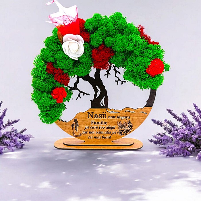 Tablou Copacul Vietii Cadou personalizat cu mesaj standard pentru Nunta/Fini/Mama/Familie/Nasi , negru, decorat cu licheni stabilizati Produs în România de Rustic Wood Decor [1]