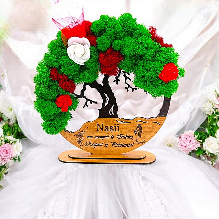 Tablou Copacul Vietii Cadou personalizat cu mesaj standard pentru Nunta/Fini/Mama/Familie/Nasi , negru, decorat cu licheni stabilizati Produs în România de Rustic Wood Decor [1]