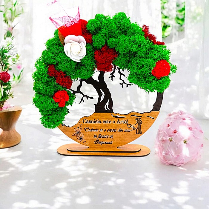 Tablou Copacul Vietii Cadou personalizat cu mesaj standard pentru Nunta/Fini/Mama/Familie/Nasi , negru, decorat cu licheni stabilizati Produs în România de Rustic Wood Decor [1]