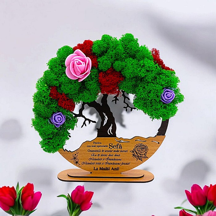 Tablou Copacul Vietii Cadou personalizat cu mesaj standard pentru Sefa/Mama/Familie/Nasi ,negru, decorat cu licheni stabilizati Produs în România de Rustic Wood Decor [1]