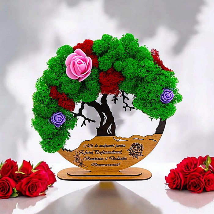 Tablou Copacul Vietii Cadou personalizat cu mesaj standard pentru Sefa/Doctor/Prieteni/Profesori ,negru, decorat cu licheni stabilizati Produs în România de Rustic Wood Decor [1]