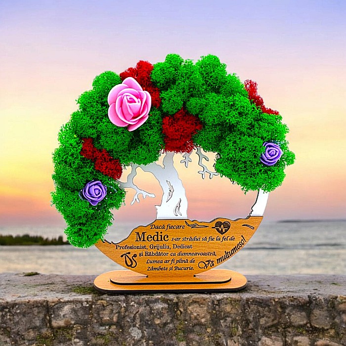 Tablou Copacul Vietii Cadou personalizat cu mesaj standard pentru Sefa/Doctor/Prieteni/Profesori , alb, decorat cu licheni stabilizati Produs în România de Rustic Wood Decor [1]