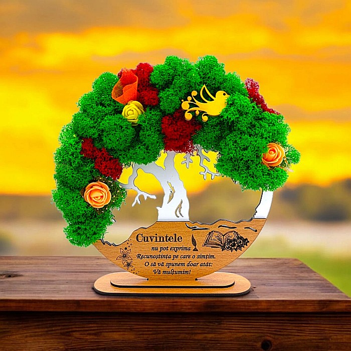 Tablou Copacul Vietii Cadou personalizat cu mesaj standard pentru Sefa/Doctor/Prieteni/Profesori , alb, decorat cu licheni stabilizati Produs în România de Rustic Wood Decor [1]