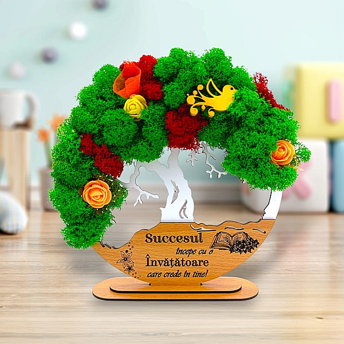 Tablou Copacul Vietii Cadou personalizat cu mesaj standard pentru Sefa/Doctor/Prieteni/Profesori , alb, decorat cu licheni stabilizati Produs în România de Rustic Wood Decor [1]