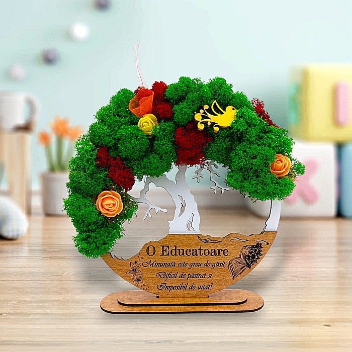 Tablou Copacul Vietii Cadou personalizat cu mesaj standard pentru Sefa/Doctor/Prieteni/Profesori , alb, decorat cu licheni stabilizati Produs în România de Rustic Wood Decor [1]