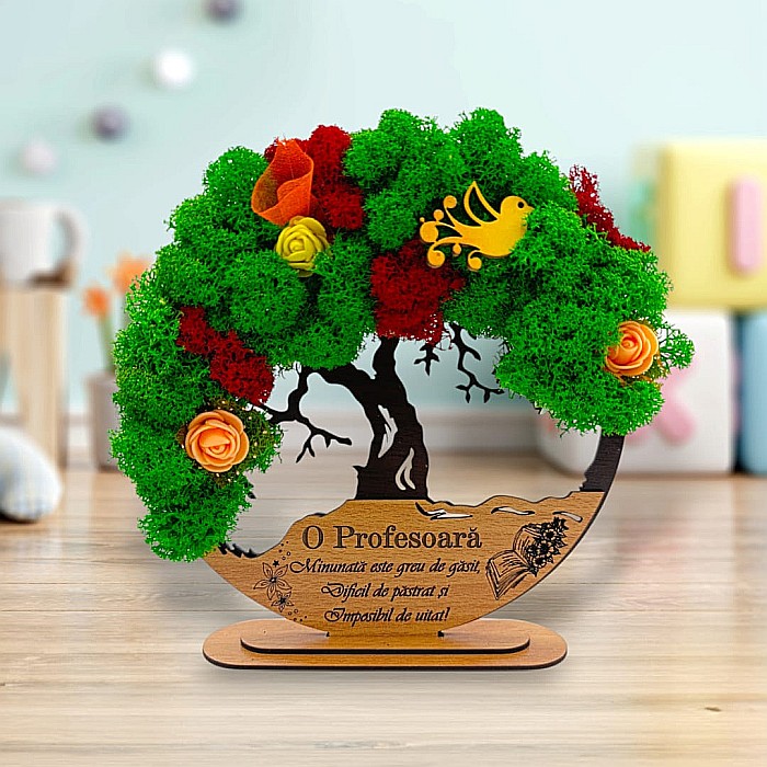 Tablou Copacul Vietii Cadou personalizat cu mesaj standard pentru Sefa/Doctor/Prieteni/Profesori , negru, decorat cu licheni stabilizati Produs în România de Rustic Wood Decor [1]