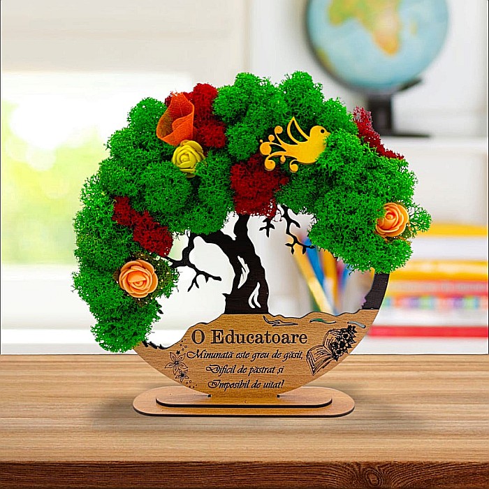 Tablou Copacul Vietii Cadou personalizat cu mesaj standard pentru Sefa/Doctor/Prieteni/Profesori , negru, decorat cu licheni stabilizati Produs în România de Rustic Wood Decor [1]