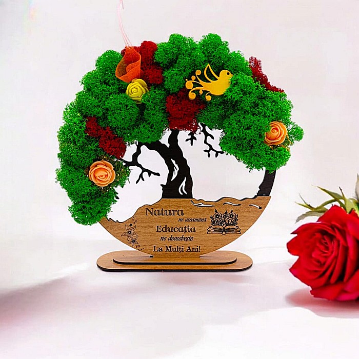 Tablou Copacul Vietii Cadou personalizat cu mesaj standard pentru Sefa/Doctor/Prieteni/Profesori , negru, decorat cu licheni stabilizati [1]