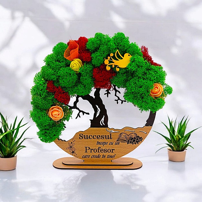 Tablou Copacul Vietii Cadou personalizat cu mesaj standard pentru Sefa/Doctor/Prieteni/Profesori , negru, decorat cu licheni stabilizati [1]