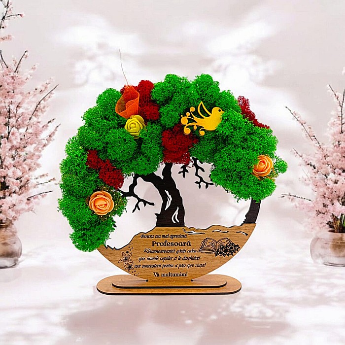 Tablou Copacul Vietii Cadou personalizat cu mesaj standard pentru Sefa/Doctor/Prieteni/Profesori , negru, decorat cu licheni stabilizati [1]