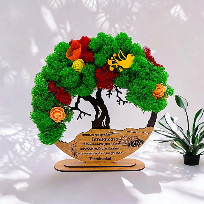 Tablou Copacul Vietii Cadou personalizat cu mesaj standard pentru Sefa/Doctor/Prieteni/Profesori , negru, decorat cu licheni stabilizati [1]