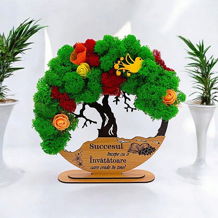 Tablou Copacul Vietii Cadou personalizat cu mesaj standard pentru Sefa/Doctor/Prieteni/Profesori , negru, decorat cu licheni stabilizati [1]