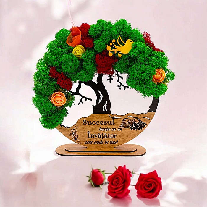 Tablou Copacul Vietii Cadou personalizat cu mesaj standard pentru Sefa/Doctor/Prieteni/Profesori , negru, decorat cu licheni stabilizati [1]