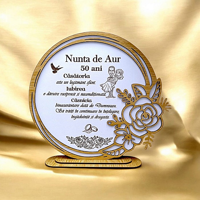 Cadou personalizat, tablou din lemn elegant cu trandafir si mesaj standard pentru Nunta de Aur [1]