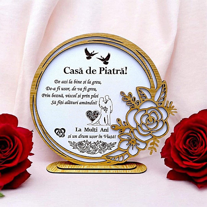 Cadou personalizat, tablou din lemn elegant cu trandafir si mesaj standard pentru Nunta, model 2 [1]
