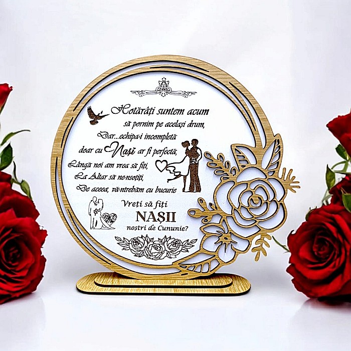 Cadou personalizat, tablou din lemn elegant cu trandafir si mesaj standard pentru Cerere Nasi [1]