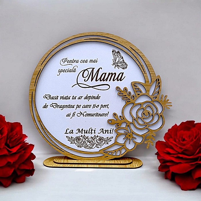 Cadou personalizat, tablou din lemn elegant cu trandafir si mesaj standard pentru Mama, model 2 [1]