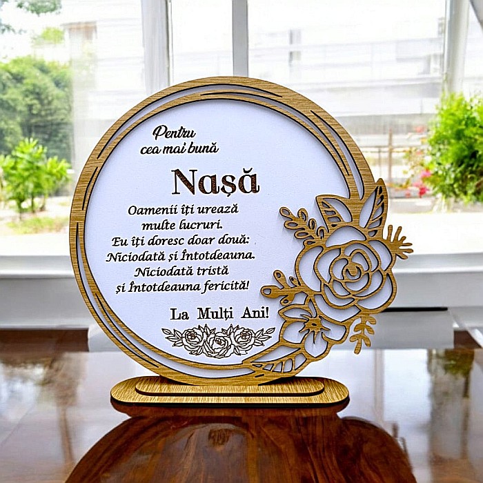 Cadou personalizat, tablou din lemn elegant cu trandafir si mesaj standard pentru "Cea mai buna Nasa" [1]