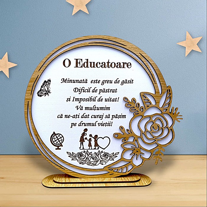 Cadou personalizat, tablou din lemn elegant cu trandafir si mesaj standard pentru Educatoare [1]