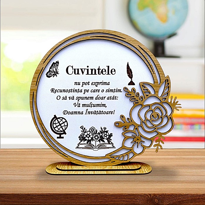 Cadou personalizat, tablou din lemn elegant cu trandafir si mesaj standard pentru Invatatoare, model 2 [1]