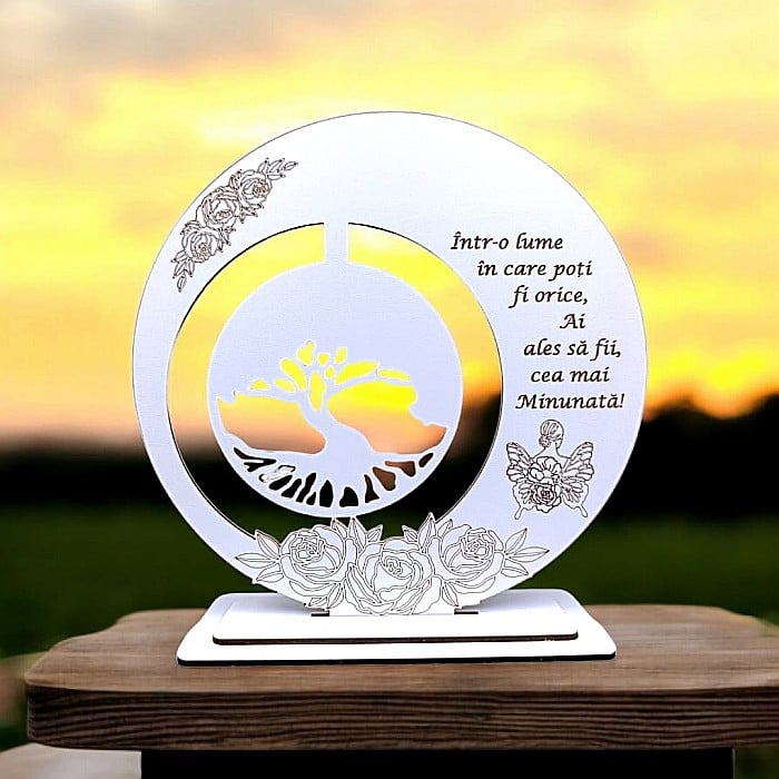 Tablou decorativ, blank cu Copacul Vietii si mesaj standard, cadou personalizat pentru Sotie/Prietena/Iubita/Mama, culoare alb [1]