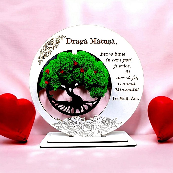 Tablou decorativ cu Copacul Vietii si mesaj standard, cadou personalizat pentru Matusa, culoare alb [1]