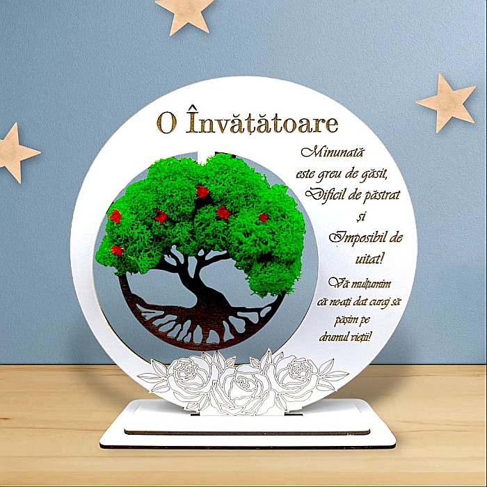 Tablou decorativ cu Copacul Vietii si mesaj standard, cadou personalizat pentru Invatatoare, culoare alb [1]