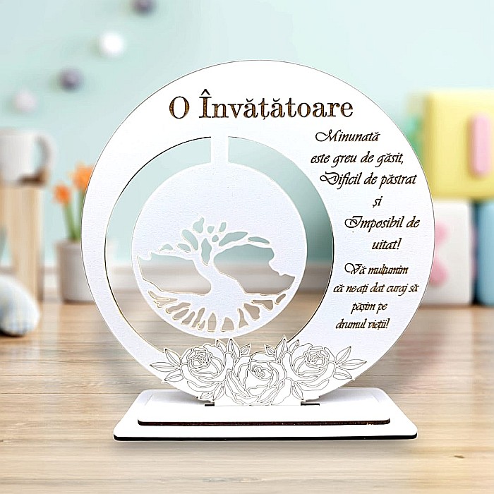 Tablou decorativ, blank cu Copacul Vietii si mesaj standard, cadou personalizat pentru Invatatoare, alb [1]