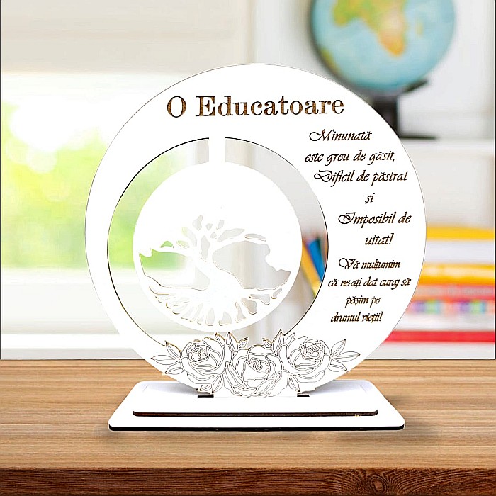 Tablou decorativ, blank cu Copacul Vietii si mesaj standard, cadou personalizat pentru Educatoare, alb [1]
