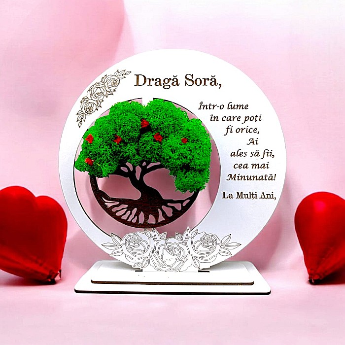 Tablou decorativ cu Copacul Vietii si mesaj standard, cadou personalizat pentru Sora, culoare alb [1]