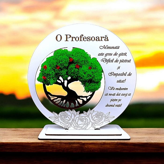 Tablou decorativ cu Copacul Vietii si mesaj standard, cadou personalizat pentru Profesoara, culoare alb [1]