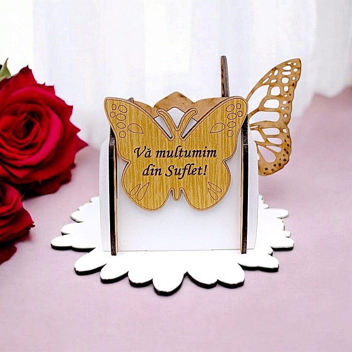 Cadou personalizat, Cutie tip martisor cu fluturi si mesaj standard pentru Profesori/Doctori, dimensiune 10x10, alb [1]