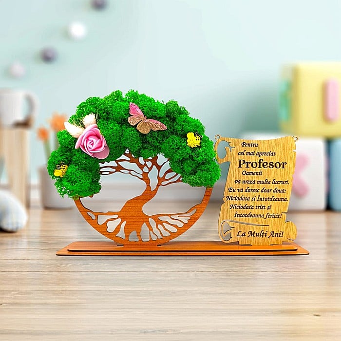 Cadou personalizat, Copacul vietii cu licheni si placuta, mesaj standard pentru Profesor ,dimensiune 30x18cm [1]
