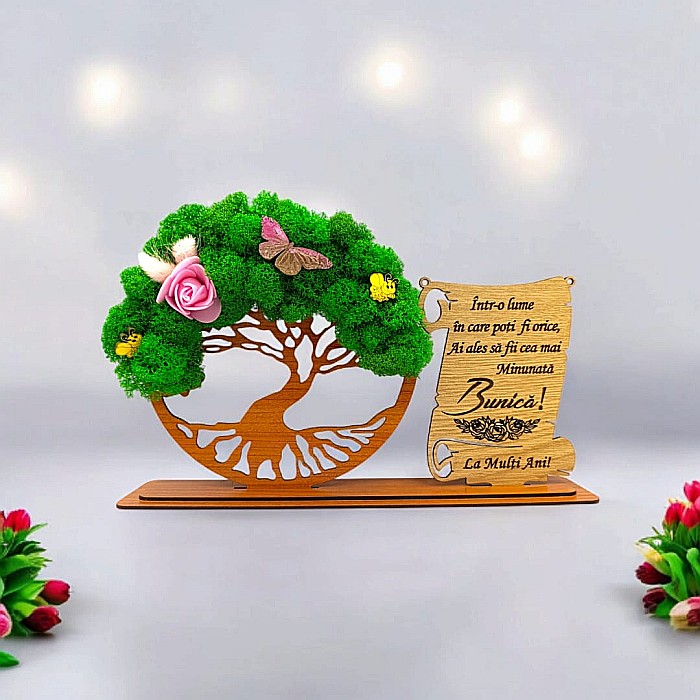 Cadou personalizat, Copacul vietii cu licheni si placuta, mesaj standard pentru Bunica ,dimensiune 30x18cm [1]