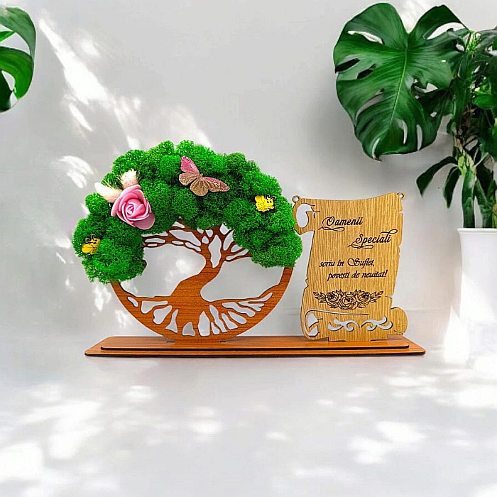 Cadou personalizat, Copacul vietii cu licheni si placuta, mesaj standard pentru Oamenii Speciali ,dimensiune 30x18cm [1]