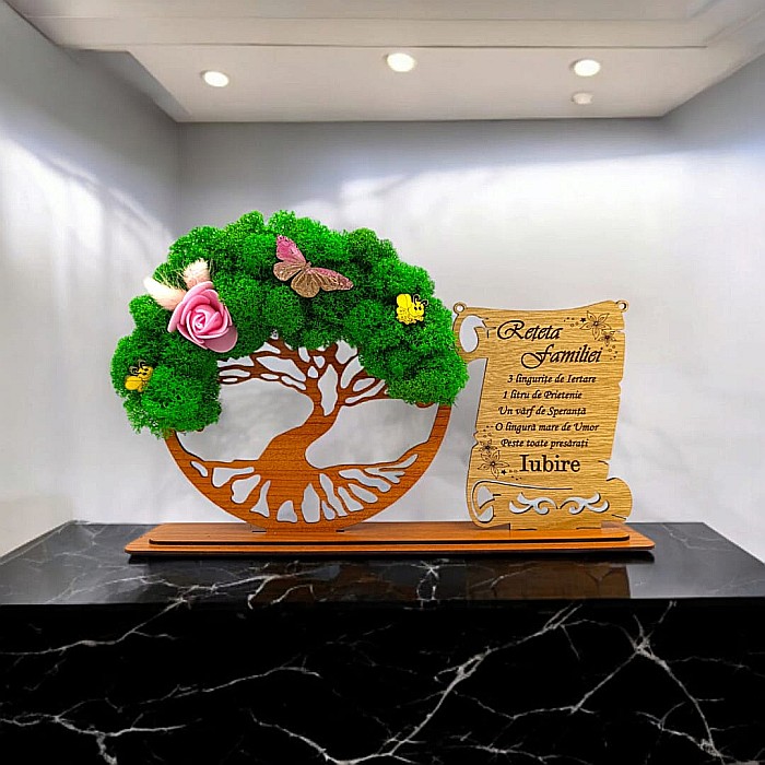 Cadou personalizat, Copacul vietii cu licheni si placuta, mesaj standard pentru Reteta Familiei ,dimensiune 30x18cm [1]