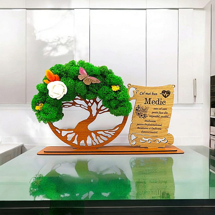 Cadou personalizat, Copacul vietii cu licheni si placuta, mesaj standard pentru Medic/Doctor,dimensiune 30x18cm [1]