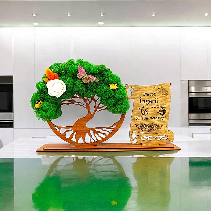 Cadou personalizat, Copacul vietii cu licheni si placuta, mesaj standard pentru Medici/Doctori, model 2,dimensiune 30x18cm [1]