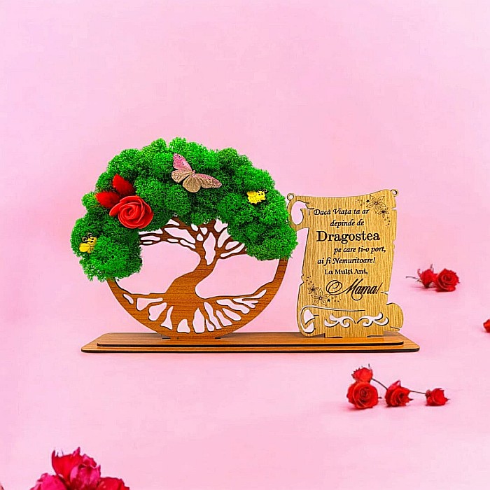 Cadou personalizat, Copacul vietii cu licheni si placuta, mesaj standard pentru Mama, model 3, dimensiune 30x18cm [1]