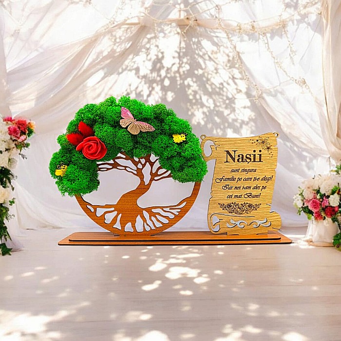Cadou personalizat, Copacul vietii cu licheni si placuta, mesaj standard pentru Nasi, dimensiune 30x18cm [1]