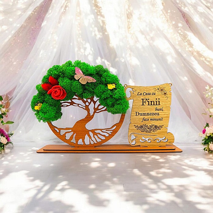 Cadou personalizat, Copacul vietii cu licheni si placuta, mesaj standard pentru "La casa cu Finii buni!", dimensiune 30x18cm [1]