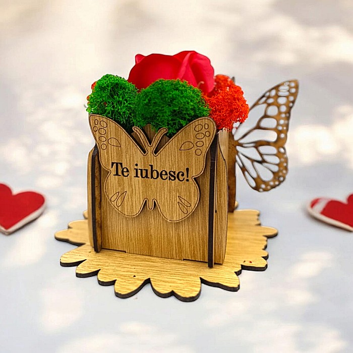 Cadou personalizat, cutie din lemn decorata cu licheni cu mesaj standard pentru Sotie/Iubita/Prietena, dimensiune 7x7cm, maro [1]