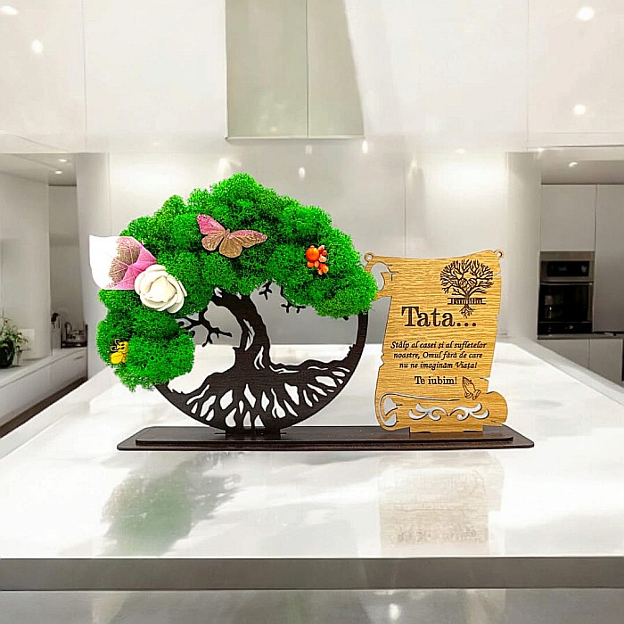 Cadou personalizat, Copacul vietii cu licheni si placuta, mesaj standard pentru Tata, dimensiune 30x18cm, wenge [1]