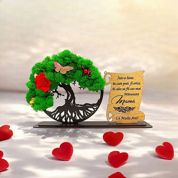 Cadou personalizat, Copacul vietii cu licheni si placuta, mesaj standard pentru Mama, dimensiune 30x18cm, wenge [1]