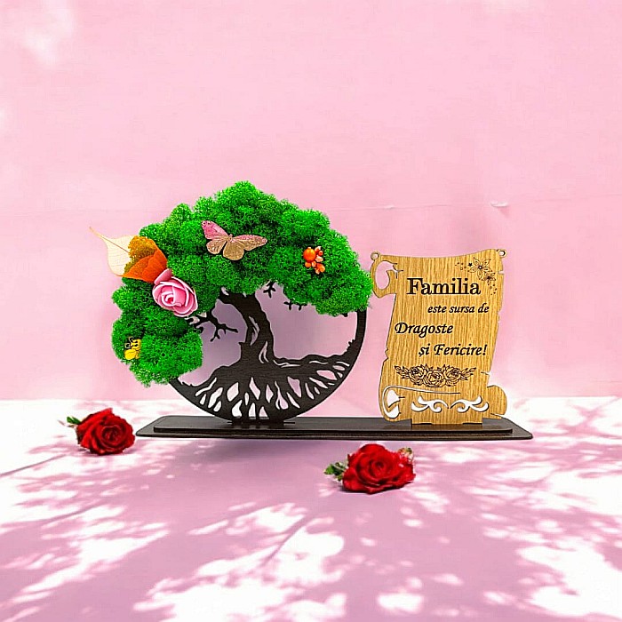 Cadou personalizat, Copacul vietii cu licheni si placuta, mesaj standard pentru Familie/Bunici/Prieteni/Nasi, dimensiune 30x18cm, wenge [1]