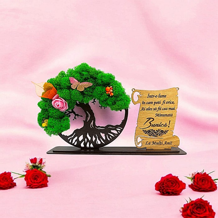 Cadou personalizat, Copacul vietii cu licheni si placuta, mesaj standard pentru Bunica, dimensiune 30x18cm, wenge [1]