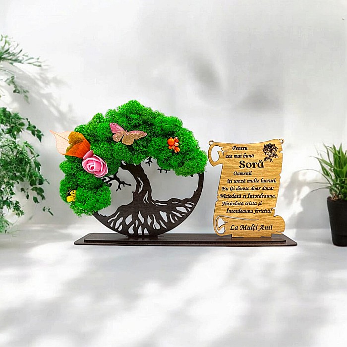 Cadou personalizat, Copacul vietii cu licheni si placuta, mesaj standard pentru Sora, dimensiune 30x18cm, wenge [1]